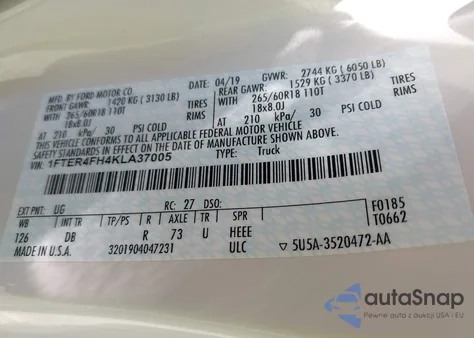 2019 Ford Ranger Lariat from USA, damaged, VIN 1FTER4FH4KLA37005